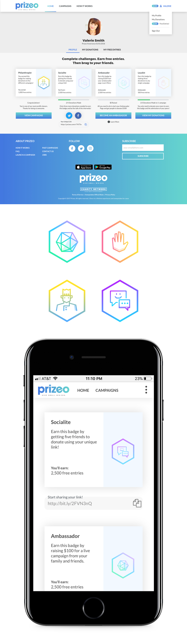 Prizeo home page redesign screens.